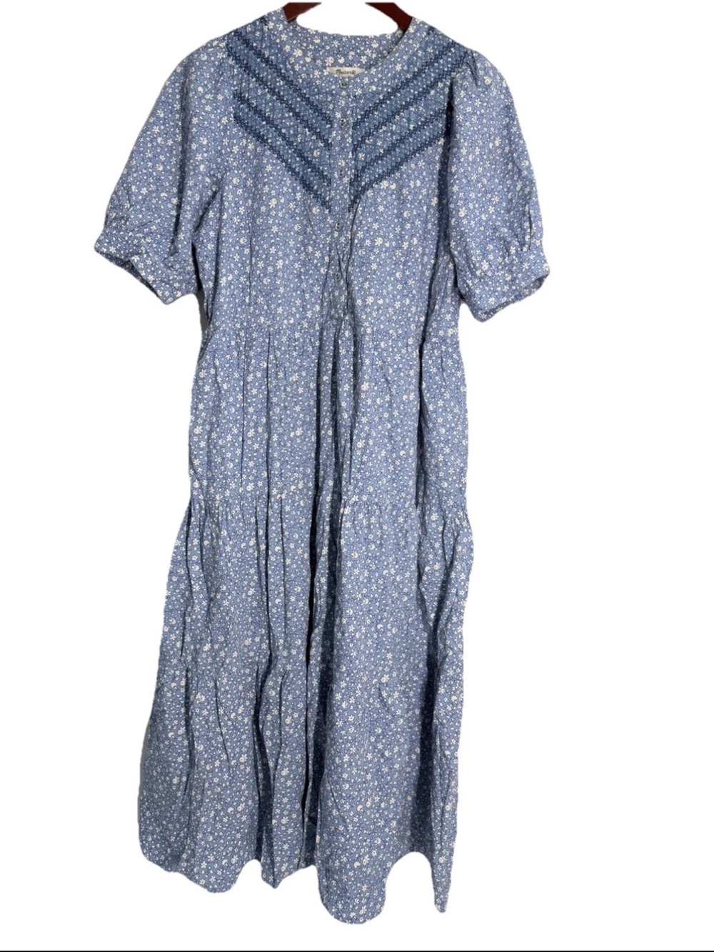 Madewell Midi Dress Embroidered Puff Sleeve Blue Ruffled M Cottage NH076 - Picture 7 of 15